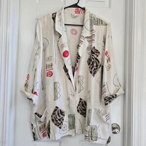Vintage Modern Essential Cream Brown Abstract Print Flax Blend Blazer Jacket XL
